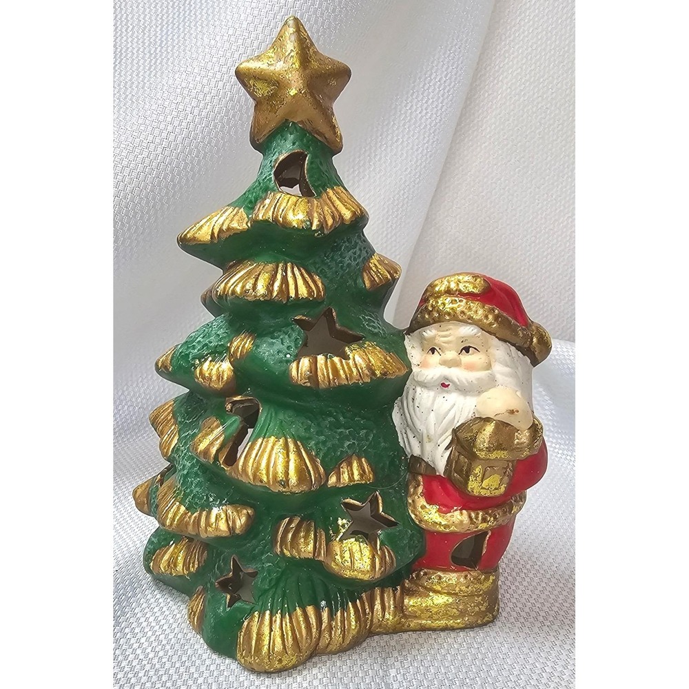 VTG‎ Ceramic Santa with Christmas Tree Tea Light Holder Gold Star Cutouts